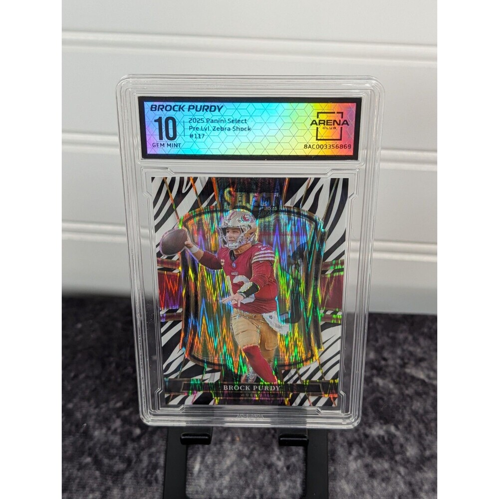 AC 10 2025 Panini Select Premier Brock Purdy #117 Zebra Prizm 49ers Case Hit SP